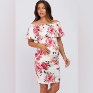 Cream Floral Off Shoulder Maternity Fitted Dress